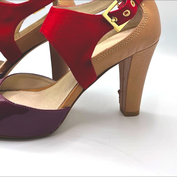 Kate spade open toe tan heels with red suede and purple patent leather size 7M - Picture 7 of 9